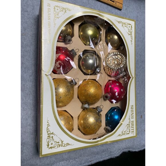 Vintage Shiny Brite 12 Glass Christmas Ornaments Gold Red Blue Silver Polka Dots - Picture 9 of 11